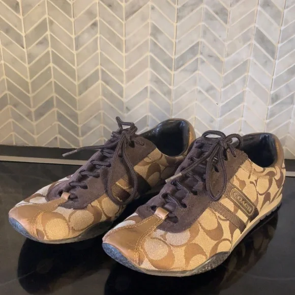 Coach leatherware sneakers leather suede brown tan gold logo - Picture 6 of 16